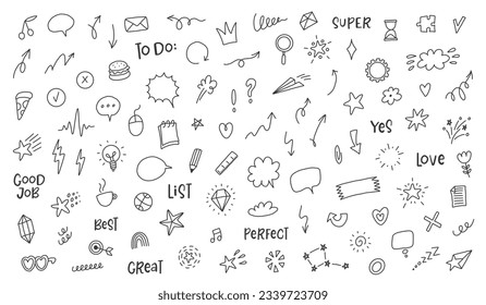 Doodle cute glitter pen line elements. Line movement element, emotion effect decoration icon. Set of simple doodle sparkles, stars, speech balloons, emotion, pattern elements, arrows, flowers icons
