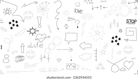 Doodle cute glitter pen line elements. Doodle heart, arrow, star, sparkle decoration symbol set icon. Simple sketch line style emphasis, attention, pattern elements