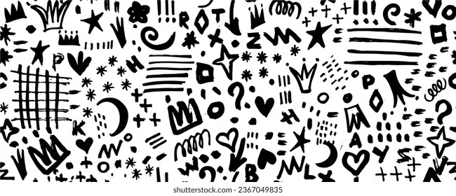 Doodle cute glitter pen line elements. Doodle heart, crown, arrow, star, sparkle decoration symbol set icon. Simple sketch line style emphasis, attention, pattern elements. Vector illustration.