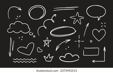 Doodle cute glitter pen line elements on a black background. Doodle heart, arrow, star, emphasis, sparkle decoration symbol set icon. Simple sketch line style emphasis, attention, pattern elements. 