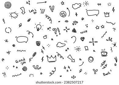 Doodle, cute, glitter, pen, line, elements, heart, arrow, star. Simple sketch line style emphasis, attention, pattern elements. Vector illustration icons set