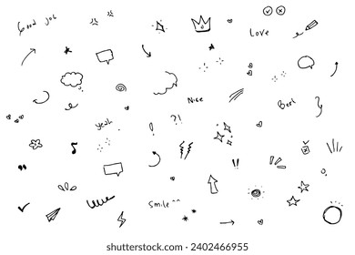 Doodle cute glitter pen line elements. Doodle heart, arrow, star, sparkle decoration symbol set icon. Simple sketch line style emphasis, attention, pattern elements. Vector illustration.