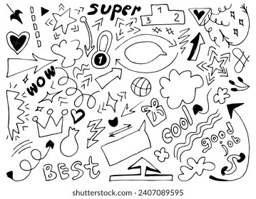 Doodle lindo brillo de elementos de la línea de la pluma. Corazón de garabato, flecha, estrella, conjunto de símbolos de decoración brillante. Esbozo simple de la línea de énfasis, atención, efecto elementos dibujados a mano. Ilustración vectorial.
