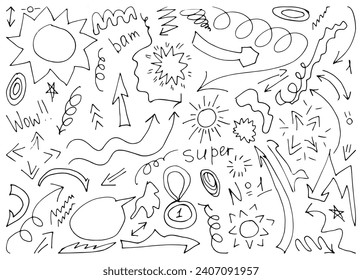 Doodle lindo brillo de elementos de la línea de la pluma. Corazón, flecha, estrella, símbolo de decoración brillante. Esbozo simple estilo de línea énfasis, atención, efecto formas dibujadas a mano. Ilustración vectorial.