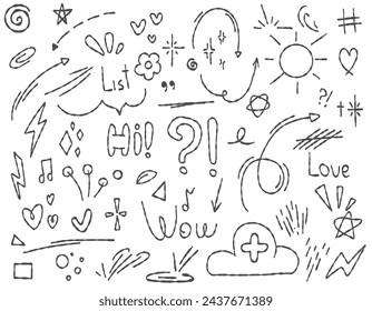 Doodle cute glitter pen line elements drawn in pencil. Doodle heart, arrow, star, sparkle decoration symbol icon set. Vector illustration.