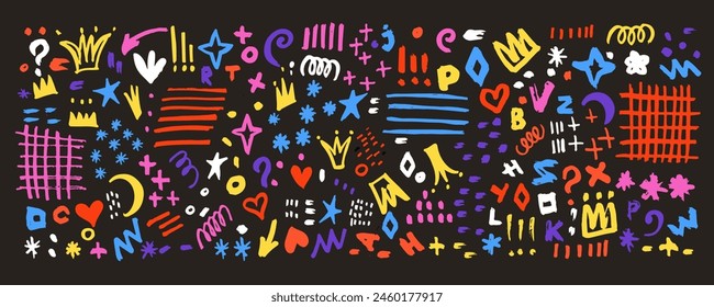 Doodle cute glitter pen line elements. Doodle heart, crown, arrow, star, sparkle decoration symbol set icon. Simple sketch line style emphasis, attention, pattern elements. Vector illustration.