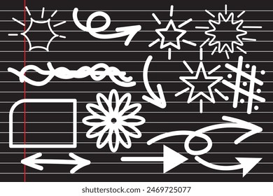 Doodle cute glitter pen line elements. Doodle heart, arrow, star, sparkle decoration symbol set icon. Simple sketch line style emphasis, attention, pattern elements. Vector illustration.