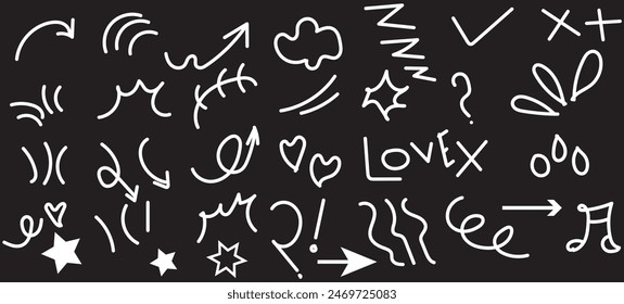 Doodle niedliche Glitzer Stift Linie Elemente. Doodle Herz, Pfeil, Stern, funkelnde Dekoration Symbol Set Symbol. Einfache Skizzenlinien-Stil Betonung, Aufmerksamkeit, Muster Elemente. Vektorillustration.