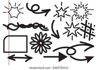 Doodle niedliche Glitzer Stift Linie Elemente. Doodle Herz, Pfeil, Stern, funkelnde Dekoration Symbol Set Symbol. Einfache Skizzenlinien-Stil Betonung, Aufmerksamkeit, Muster Elemente. Vektorillustration.
