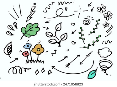 Doodle niedliche Glitzer Stift Linie Elemente. Doodle Herz, Pfeil, Stern, funkelnde Dekoration Symbol Set Symbol. Einfache Skizzenlinien-Stil Betonung, Aufmerksamkeit, Muster Elemente. Vektorillustration.