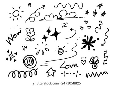 Doodle lindos Elementos de la línea de la pluma del brillo. Doodle corazón, flecha, estrella, brillo símbolo de decoración conjunto icono. Enfoque de estilo de línea de boceto simple, atención, Elementos de patrón. Ilustración vectorial.