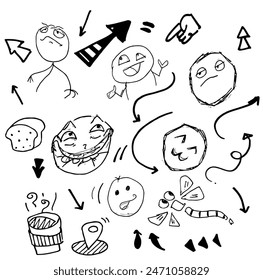 Doodle lindos Elementos de la línea de la pluma del brillo. Doodle corazón, flecha, estrella, brillo símbolo de decoración conjunto icono. Enfoque de estilo de línea de boceto simple, atención, Elementos de patrón. Ilustración vectorial.