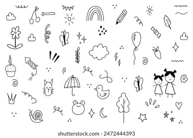 Doodle cute glitter pen line elements. Simple sketch line style emphasis, attention, pattern