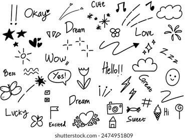 Doodle cute glitter pen line elements. Doodle heart, arrow, star, sparkle decoration symbol set icon.