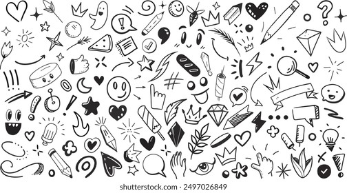 Doodle cute glitter pen line elements. heart, arrow, star, sparkle, heart, happy face, hands, crown, decoration symbol set icon. Simple sketch line style emphasis, attention, pattern elements.