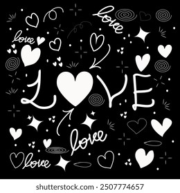 Doodle cute glitter pen line elements. Doodle heart, arrow, star, sparkle decoration symbol set icon. Simple sketch line style emphasis, attention, pattern elements. Vector illustration.