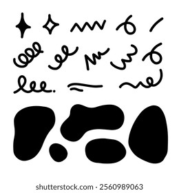 Doodle cute glitter pen line elements. sparkle decoration symbol set icon. Simple sketch line style emphasis, attention, pattern elements. Vector illustration.