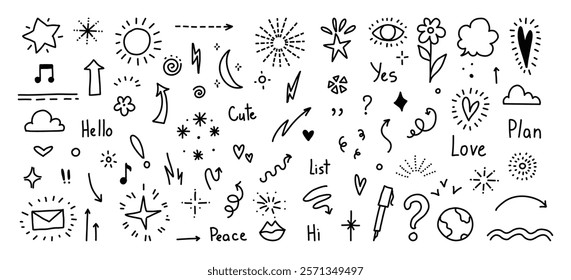 Doodle cute glitter pen line elements. Doodle heart, arrow, star, sparkle decoration symbol set icon. Simple sketch line style emphasis, attention, pattern elements. Vector illustration on white