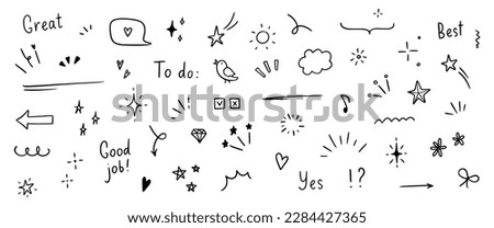 Doodle cute glitter pen line elements. Doodle heart, arrow, star, sparkle decoration symbol set icon. Simple sketch line style emphasis, attention, pattern elements. Vector illustration.