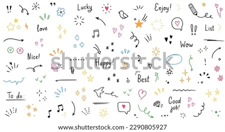 Doodle cute glitter pen line color elements. Doodle heart, arrow, star, sparkle decoration symbol set icon. Simple sketch line style emphasis, attention, pattern elements. Vector illustration