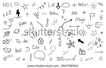Doodle cute glitter pen line elements. Doodle heart, arrow, star, sparkle decoration symbol set icon. Simple sketch line style emphasis, attention, pattern elements.