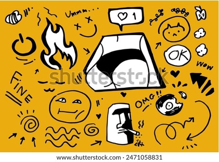 Doodle cute glitter pen line elements. Doodle heart, arrow, star, sparkle decoration symbol set icon. Simple sketch line style emphasis, attention, pattern elements. Vector illustration.