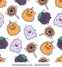 Fazer doodle bonito halloween elemento ou caractere em padrão sem costura