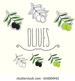 Doodle cute hand drawn icons of the black and green olives with hand drawn letters.