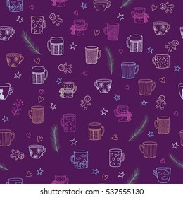 Doodle Cute Hand Drawn Seamless Background with Ornamental Teacups, Fir Tree Branches, Stars and Little Hearts. Seamless Texture for Textile Design, Wrapping Paper, Wallpapers. Winter Background.