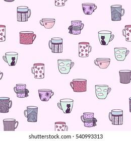 Doodle Cute Hand Drawn Seamless Background with Ornamental Teacups.