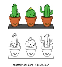 doodle Cute hand drawn vector cactus in the pots