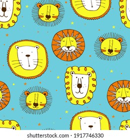 Doodle cute head lion. Seamless kids pattern.