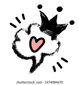 Doodle cute heart with cloud speech bubble and crown. Can be used as logo or graphic design element in love or like concepts in social networks or Saint Valentine's day ideas.
