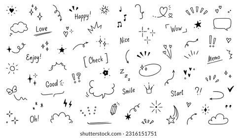 Doodle cute heart, glitter pen line elements. Doodle heart, arrow, star, sparkle decoration symbol set icon. Simple sketch line style emphasis, glitter star, pattern elements. Vector illustration.