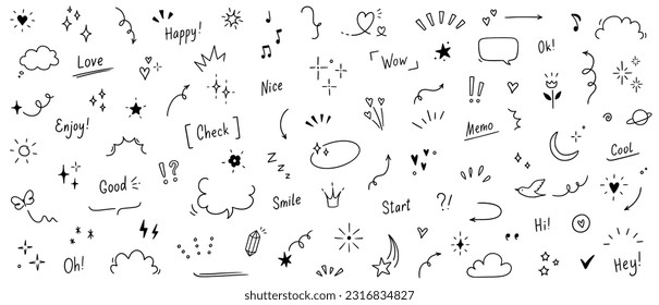 Doodle cute heart, glitter pen line elements. Doodle heart, arrow, star, sparkle decoration symbol set icon. Simple sketch line style emphasis, glitter star, pattern elements. Vector illustration.