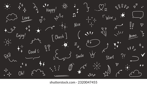 Doodle cute heart, glitter pen line elements on chalkboard. Doodle heart, arrow, star, sparkle decoration symbol set icon. Simple sketch line style emphasis, glitter star. Vector illustration