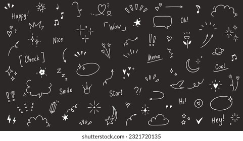 Doodle cute heart, glitter pen line elements on chalkboard. Doodle heart, arrow, star, sparkle decoration symbol set icon. Simple sketch line style emphasis, glitter star. Vector illustration