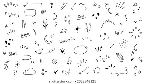 Doodle cute heart, glitter pen line elements. Doodle heart, arrow, star, sparkle decoration symbol set icon. Simple sketch line style emphasis, glitter star, pattern elements. Vector illustration.