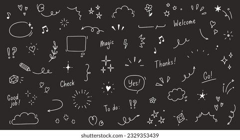 Doodle cute heart, glitter pen line elements on chalkboard. Doodle heart, arrow, star, sparkle decoration symbol set icon. Simple sketch line style emphasis, glitter star. Vector illustration