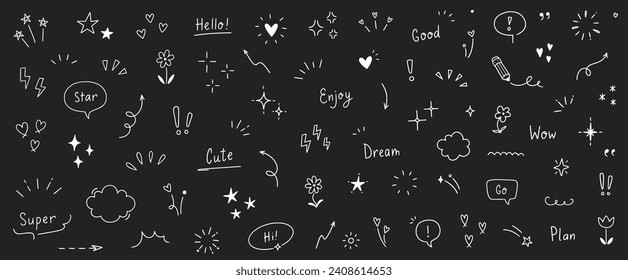 Doodle cute heart, glitter pen line elements on chalkboard. Doodle heart, arrow, star, sparkle decoration symbol set icon. Simple sketch line style emphasis, glitter star. Vector illustration