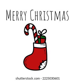 Doodle cute holiday merry christmas postcard vector illustration. Greeting card template with christmas sock. Print for textile, holiday decoration, party invitations.