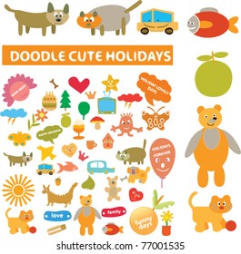 doodle cute holidays icons, signs, vector illustrations