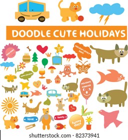 doodle cute holidays icons, signs, vector illustrations