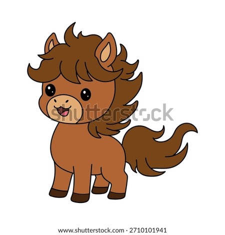 Doodle cute horse illustration in flat style. Horse flashcard animal for kids. Wild animals horse coloring pages worksheets printable for kids, Kindergarten and preschool activity.