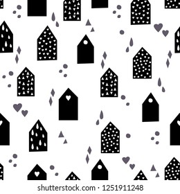 Doodle cute house, vector kids pattern. Vector seamless background, black and white, scandinavian style