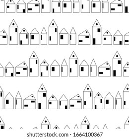 Doodle cute house, vector kids pattern. Vector seamless background, black and white, scandinavian style