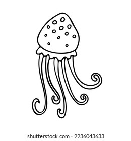 Doodle of cute jellyfish isolated on white background. Hand drawn vector illustration of underwater animal. Good for childish design and coloring page book.