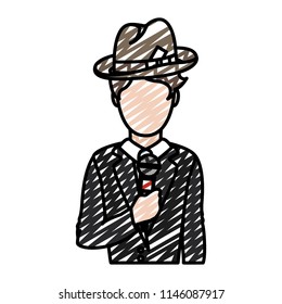 doodle cute journalist with microphone and elegant clothes