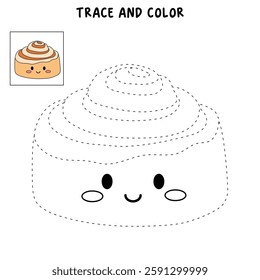 Doodle cute kawaii cinnamon roll coloring pages for kids. Trace and color cinnamon roll. Cute character cinnamon roll icon, clip art, element, vector illustration in flat style. 