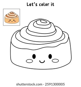 Doodle cute kawaii cinnamon roll coloring pages for kids. Trace and color cinnamon roll. Cute character cinnamon roll icon, clip art, element, vector illustration in flat style. 